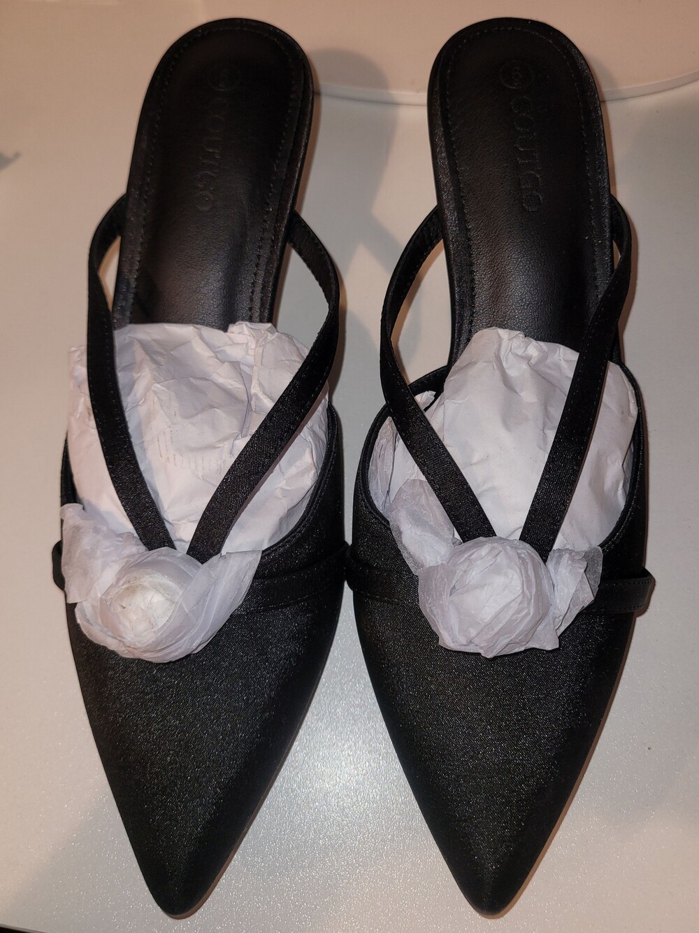 COUTGO Black Pearl Slingback Heels Pointed Toe Knob Heel
